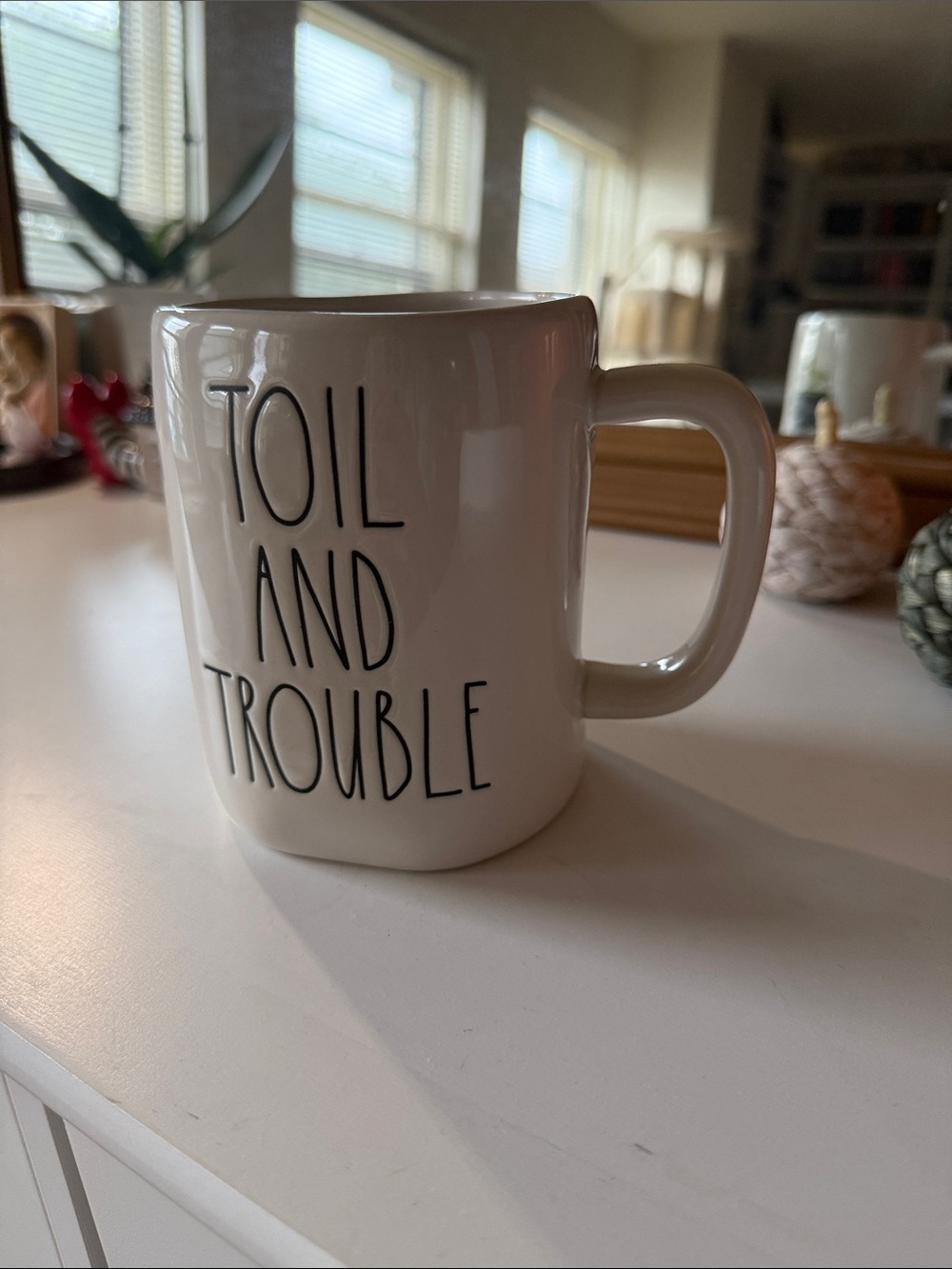 Rae Dunn White Mug with Black 'TOIL AND TROUBLE' Lettering